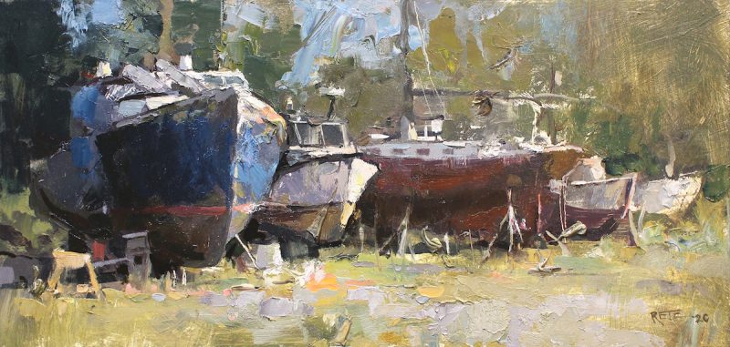 "South Thomaston Boatyard" oil on board. 8x17 in. available